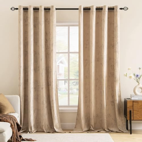 MIULEE Samtvorhang Beige Verdunkelungsvorhang Ösen 2er Set B 140 x H 300cm,Vorhang Blickdicht Vorhänge Samt mit Goldfolie Muster für Deko Schlafzimmer Wohnzimmer Wärmeisolierende Velvet Curtains