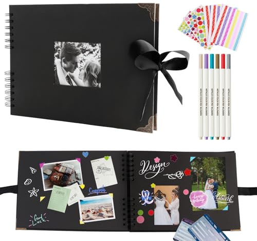 Scrapbook, 80 Páginas Album Fotos para Pegar y Escribir con 6 Bolígrafos Metálicos y 6 Pegatinas Album para Pegar Fotos para Aniversario Bebé, Cumpleaños, Graduación 29 x 21.5cm
