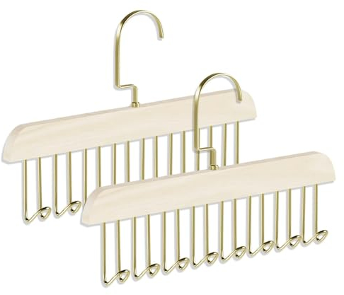 Gürtelhalter Kleiderschrank, 2 Stück rutschfest Holz Kleiderbügel Krawattenhalter mit 8 Haken 360 Grad Drehbarer Krawattenbügel Schalhalter Gürtel Schal Organizer Aufbewahrung (Milchig)