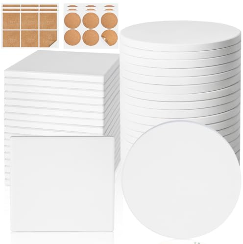 Ceramic Tiles for Crafts, GOH DODD 36 Pack Unglazed Blank Coasters with Cork Backing for Alcohol Ink Painting Acrylic Pouring Art Projects Housewarming Gifts Wedding School Education, 4 Inch