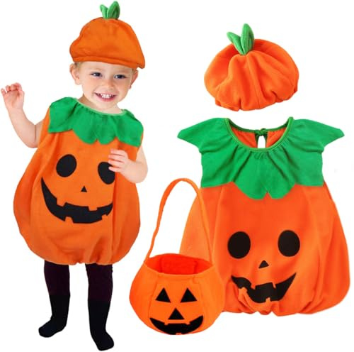 VOPIWOZ Deguisement Halloween Costume Citrouille Enfant, Deguisement Citrouille Enfant Comprend un Chapeau de Citrouille Et un Sac de Citrouille, Costumes D'Halloween Enfant Pour de 3 à 10 Ans