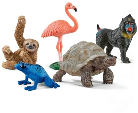Schleich Wild Life - 5PC Exotic Animal Starter Playset Figurine Bundle - With Flamingo, Sloth, Frog, Giant Tortoise and Monkey Figures for Boys and Girls - Realistic Animal Toys Kids Ages 5+ | 77590