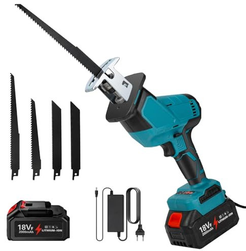 Scie Sabre Sans Fil 18V Battery, Scie Egoîne Electrique sans Fil avec 1Pcs 2.0Ah Batterie et Chargeur, Lumière LED，Vitesse Variable Scies Alternatives Sans Fil pour le Bois/Métal