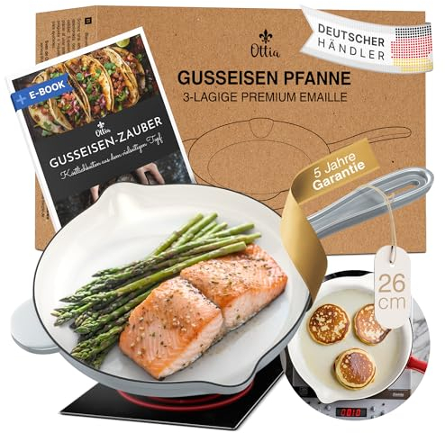 Ottia Gusseisen Pfanne emailliert, frei von Schadstoffen (kein PFOAS etc), 26cm, Servierpfanne mit Emaille, für Herd und Ofen, ergonomisch, mit Ausguß, bis 270° sicher, mit eBook, Händler aus Hamburg