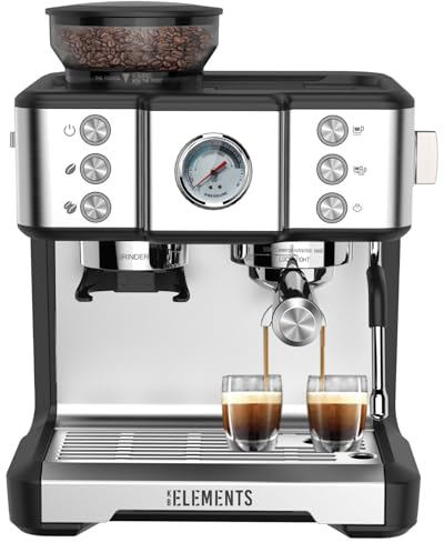KB ELEMENTS Siebträgermaschine mit integriertem Mahlwerk - Espressomaschine, 20 bar Espressomaschine, professioneller Mahlwerk, 2,6 L Wassertank, 58-mm-Extraktionskopf,Silber