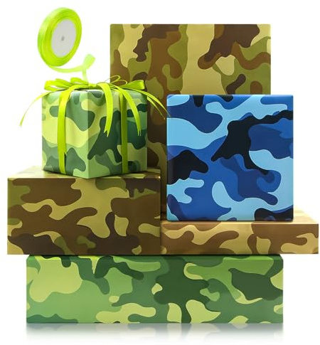 Papel de regalo de camuflaje militar en varios tonos de marrón, azul y verde, 4 hojas planas de 50 x 70 cm con cinta de seda verde a juego de 22 m, envoltura de regalo de camuflaje para hombres,