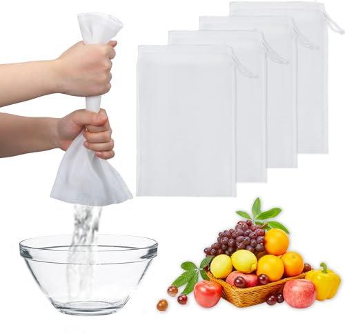 Piriuuo Lot de 4 sacs à lait de noix - 30 x 20 cm - En tissu à mailles fines - Réutilisables - Avec cordon de serrage - Lavable - En nylon - Pour lait de noix, fromage, jus de fruits, café