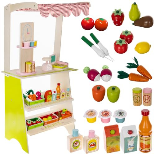 Marktstand Kinder aus Holz mit Markise und Zubehör 25 Teile Gemüse Obst Lebensmittel Kasse Waage Tafel Kaufmannsladen 24888