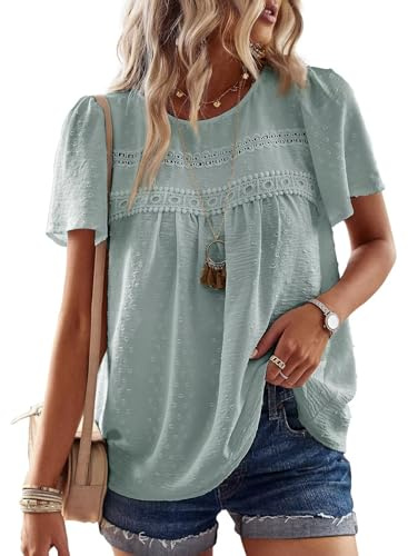 TUUHAW Camiseta Mujer con Cuello Redondo Talla Grande Camisa Suelto Basic Casual Elegante Túnica Encaje Manga Corta Tops Color Sólido Gris Verde XL
