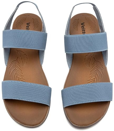 Veittes Sandales plates pour femme, sandales plates d'été confortables avec bride élastique à la cheville et double bande,bleu clair,40 EU,2107021
