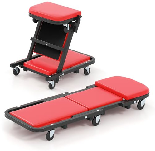 COSTWAY Camilla Mecánico 2 en 1, Taburete Taller Plegable con Asiento Acolchado y 6 Ruedas Universales, Silla de Garaje Convertible en Banco Automotriz para Taller, Reparación de Automóviles (Rojo)