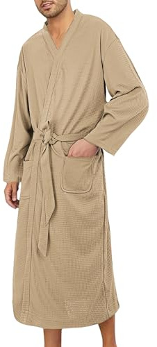 Mens Waffle Robe | Waffle Textured - Solid Color Long Sauna Bath Robe - for Spa Bath Shower Home Hotel Large Khaki