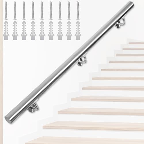 FREEAMG 200CM Stainless Steel Handrails for Stairs, Safety Wall Mounted Hand Rails with Brackets, Banister Rail Support Kit for Outdoor/Indoor Stairs, Loft, Porch, Garage & Deck Hand Rail (Silver)