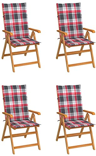 Frdhee Terrassenstühle Bistrostuhl,Gartenstühle 4 STK. Rote Karomuster-Kissen Massivholz Teak für Rasenfläche, Camping, Garten, Pool, Strand, Hof