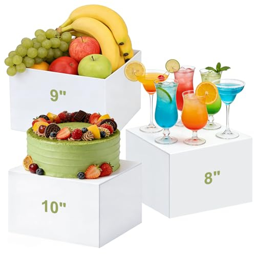 Acrylic Buffet Risers 3 Pcs 8x9x10 Inch Food Cake Display Riser w/ Signs a Pen Catering Dessert Jewelry Figures Rack Collectible Table Decor Fruit Bread Container Display Stand White Cube Showcase Box