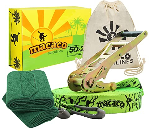 Macaco Slackline Kit 26m Long | Extra long ratchet for More Tension and Bounce | Slack Line for fun stuff with Outside Toys | Forest School Equipment | Circus Skills Equipment for Kids | Gymnastics