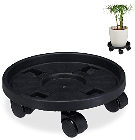 Relaxdays Pflanzenroller rund, 2er Set, Ø 30 cm, Blumentopfuntersetzer mit Rollen, Kunststoff, innen & außen, schwarz