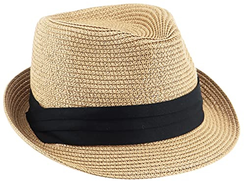 Kids Fedora-Sun-Hat Short Brim Trilby Summer Beach Straw Hat for Boys Girls (for 3-5Y, 5-7Y) Khaki