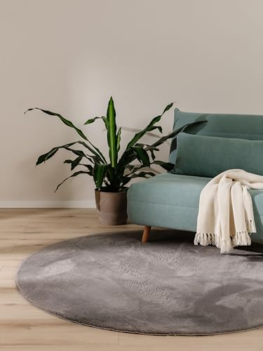 benuta Basic Kunstfaser Fellteppich Furry - Grau Rund 80 cm - Weicher Wohnzimmerteppich - Anti-Rutsch-Rückseite - Waschbar - Für Fußbodenheizung geeignet