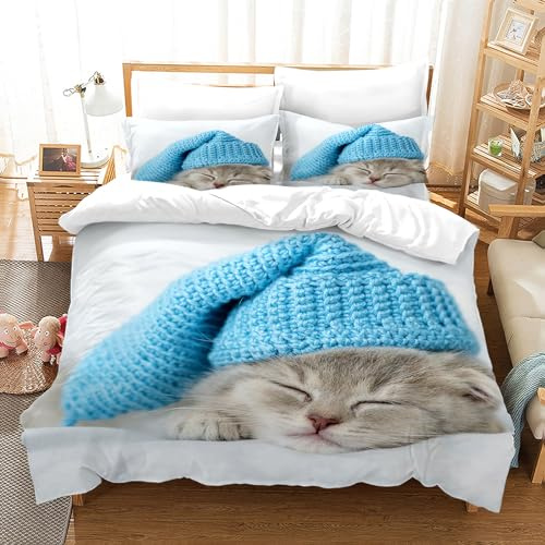 PORJDN Housse de Couette Chat,avec Housse de Couette et taie d'oreiller 65x65cm.Kitty Housse de Couette 3D Animal de Compagnie Ensemble Housse de Couette Chat. (Chats-3, 220x240cm)