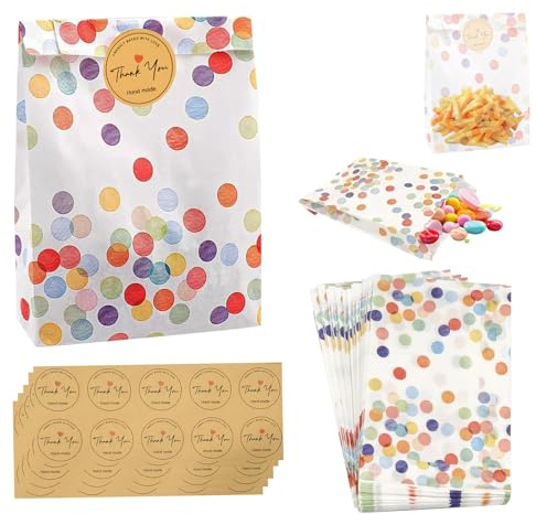 50 sacchetti di carta, resistenti all'olio, colorati con 50 adesivi, 19 x 13 x 3,5 cm, sacchetti di carta per compleanno, piccoli sacchetti di carta colorati per caramelle, regali di compleanno