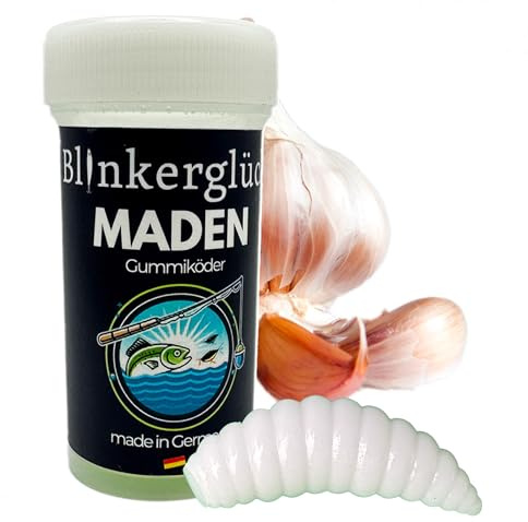 Blinkerglück Kunstmaden 4 cm – 12 Gummiköder mit Aroma für Forelle & Friedfisch | weiche Kunstmade für Karpfen & Brassen | Softbait zum Grundangeln & UL-Angeln (Knoblauch Weiß)