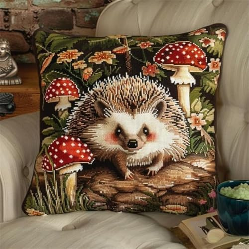FWRTYCB Latch Hook Cushion Kits for Adults Hedgehog Red Mushroom Rug Cover Pillowcase Kids Beginner DIY Needlework Embroidery Kits Handmade Set Craft Sofa Home Decor 43x43cm,1pcs