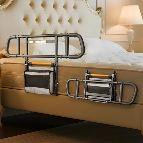 NIMOOD CX5 Barriere de Lit Adulte Pliable et Réglable - Barriere de Lit Support pour Personnes Âgées, Hauteur/Largeur Ajustable, LED Intégré, Sécurité Nuit, Aide au Lever et Soins