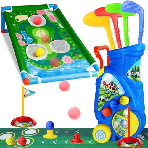 Golf Set with Multi-Function Cart ,Complete Golf Set Includes 4 Golf Clubs, 6 Balls & 2 Practice Holes,Educational Outdoor/Indoor Golf Set Toys Gift for Birthdays or Christmas