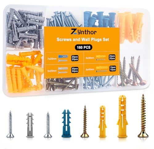 Zynthor 160Pcs Screws and Wall Plugs Set, Wall Plugs and Screws, Raw Plug Assorted and Plasterboard Screw, Plasterboard Fixings for Brick Concrete Drywall