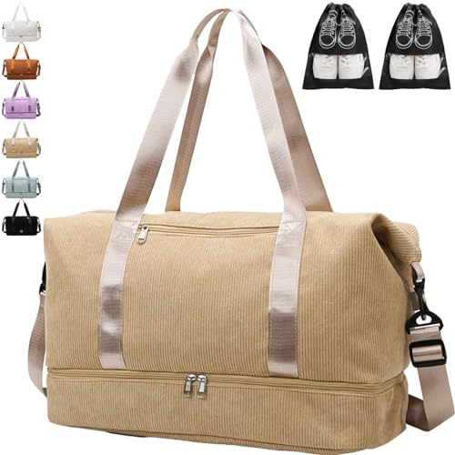 Sac de Voyage Femme, 20-35L Velours Côtelé Séparation à Sec et à l'humidité Sac de Voyage Grand Volume Pliable Cabine Avion avec 2 Pièces Sacs à Chaussures, Transport Sport Weekend Duffle Bag (Jaune)