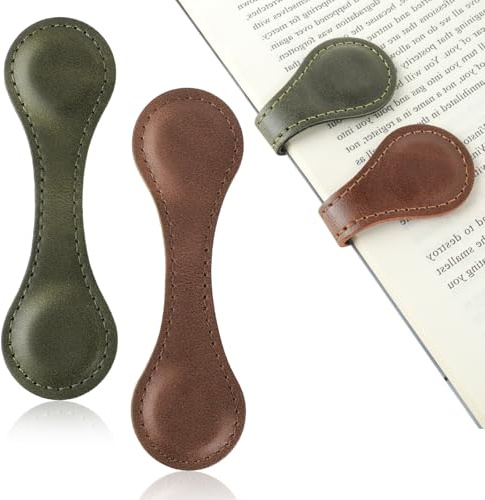 LIQWEI 2 Pcs Magnetic Bookmarks, Vintage PU Leather Book Mark Double-Sided Magnetic Page Markers Leather Page Clip Buckles Gift for Men Women Teacher Students Book Lovers(Dark Brown, Green)