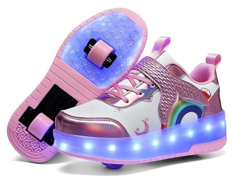 Mateju Bambina Scarpe con Rotelle e Luci 2 Ruote, Ragazzo Ragazza Sportive Scarpe da Skateboard, Retrattile Skateboard Ginnastica da Pattini Sneakers per Bambino 37-38 EU