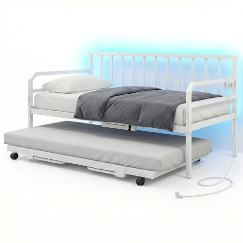 COSTWAY Letto Estraibile, Divano Letto Singolo con Luci LED e Stazione di Ricarica, Lettino Matrimoniale con Struttura in Metallo, 2 Pz 90x200 cm, per Soggiorno e Camera da Letto (Bianco)
