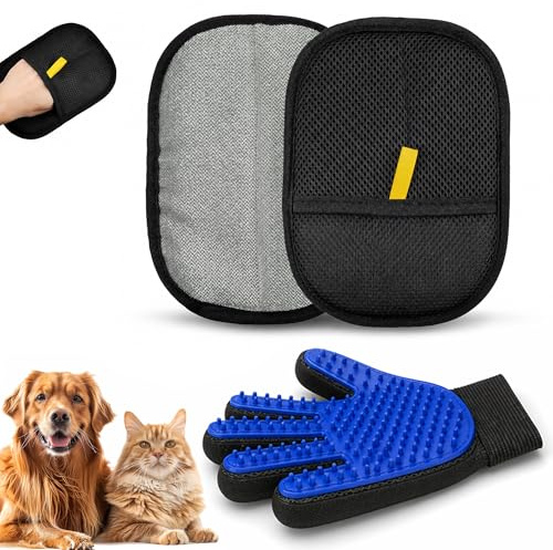 MSJ®️ 2X Manopla Quita Pelos de Mascota Guante Quita Pelo de Gato + 1x Guante de Púas de Goma para Cepillado de la Mascota