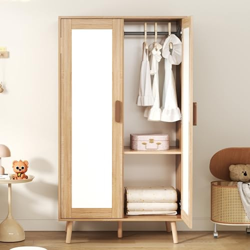 VIEKOS Armario de 2 puertas para niños con barra para colgar, 80 x 46 x 141,5 cm, color blanco y madera natural, color blanco y blanco
