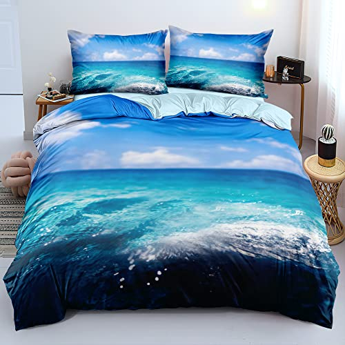 Luofanfei 3D Meer Bettwäsche 155x220 Blaue Grüne Bettwäscheset Microfaser 3teilig Bettbezug Set Blau Grün Ozeanwelle Gedruckt Einzelbett Modern Wendebettwäsche Ornamente Jugendliche