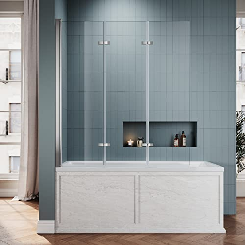 SIRHONA Paroi de Douche Baignoire, Cabine de douche, 3 volets Pare Baignoire, Verre de 6 mm Facile à Nettoyer, 130x130cm