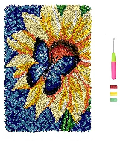 VIONNPPT Knytmatta för att knyta själv, 60 x 40 cm gör-det-själv broderikudde, matta, obehandlad virkad matta set med förtryck, latchkroksats för barn och vuxna (fjäril)