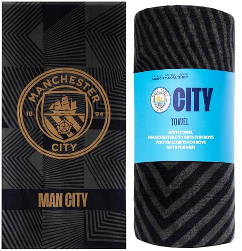 MANCHESTER CITY F.C. Bath Towel for Men Women Teens Boys 100% Cotton Quick Dry Football Crest Beach Towel Swim Gym Holiday Shower Supporters' Gear 137 x 69cm (Black, 137x68.5cm)
