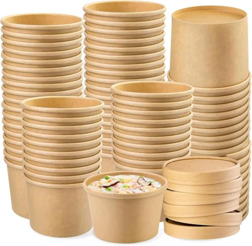 ECONX Disposable Soup Containers with Lids Paper Bowl Brown Kraft Takeaway Paper Soup Cups Takeaway Tubs for Hot or Cold Food Ice Cream, Dessert, Sundae, Frozen Yogurt, Deli Containers (25, 8oz)