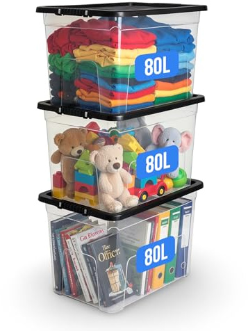 KAPCO 80L Plastic Storage Box with Black Lid (Pack of 3) | Large, Stackable, Strong, Durable Clear Box Containers for Home & Office | Multipurpose Storage Tubs | 57 x 40 x 40cm | 80 Litre - 3 Pack