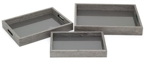 Set of 3 Grey Weave Serving Trays | 3 Piece Wooden Kitchen Trays with Handles | Tea and Coffee Tray for Breakfast