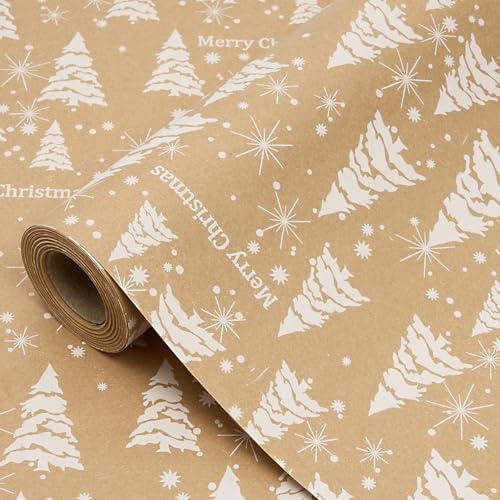 Rollo de papel de regalo para Navidad, 15 m y 43 cm, reciclable, papel kraft para regalo, impresión con árbol para decoración de regalo de cumpleaños de Navidad