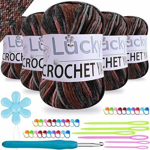 Crochet Yarn Double Knitting Wool (6X50g), Multicoloured Acrylic Yarn Crochet Wool with Aluminum Crochet Hooks Stitch Markers for DIY Craft Blankets Socks Dolls (Pink Coffee Grey)