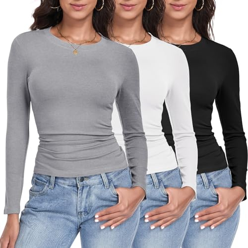 GetGigt 3 Pack Womens Long Sleeve Tops Crew Neck Slim Fit T Shirts Thermal Undershirts Y2K Top Stretchy Fashion Clothing(M,Black,White,Light Gray)