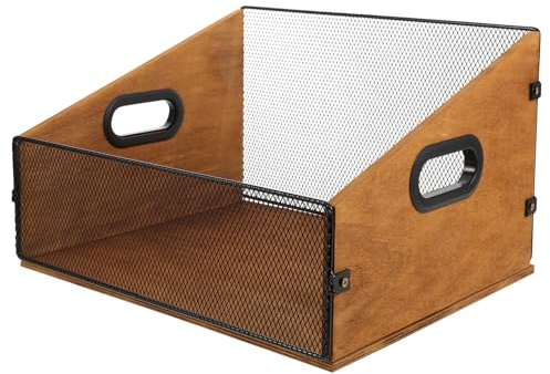 Hemobllo Rangement pour Disques Vinyles Organisateur De Disques Porte-Disques Bac De Rangement en Bois Organiseur De Dossiers en Maille Métallique Rustique Boîtes