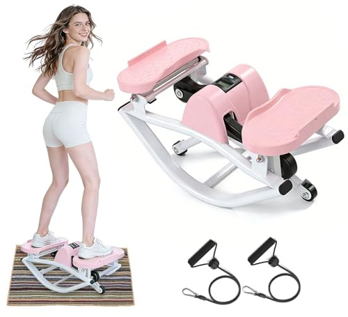 Rock Stepper Side to Side Low Impact Mini Steppers for Exercise at Home with Resistance Bands & Digital Display for Full Body Workout Equipment Pink