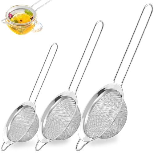 Juego de 3 coladores de malla fina con asa, tamaño pequeño, mediano y grande de acero inoxidable (6 cm/8 cm/10 cm), colador de cocina para hornear zumo harina de quinua (plata)