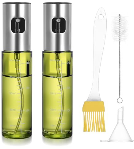 2 Ölsprüher für Speiseöl Sprühflasche für Airfryer,Glas Ölsprühflasche für Öl Zerstäuber,Feiner Ölzerstäuber für Speiseöl,Ölsprüher für Heißluftfritteuse,Ölspray für Küche Kochen + Trichtern/Bürsten